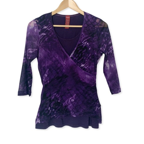 Vintage Olsen Y2K Purple Mesh Wrap Top Whimsigoth Witchy Fairy Sultry Boho Cyber - Picture 4 of 16